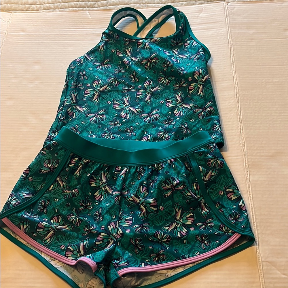L.L. Bean Green and Pink Swimsuit with Defined Waistband